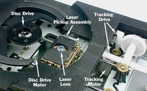 View of disc drive motor and laser lens inside a CD player.